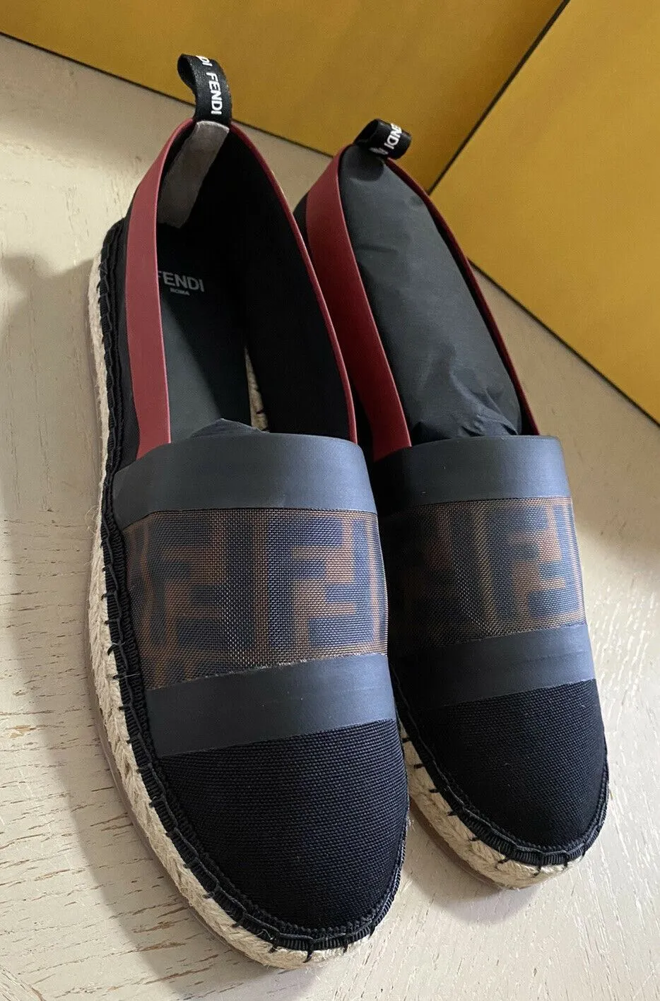 NIB Fendi Women Flat Colibrì Mesh FF Espadrille Black/Red 10.5 US ( 40.5 Eu )