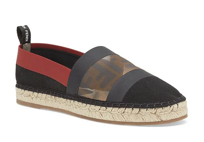 NIB Fendi Women Flat Colibrì Mesh FF Espadrille Black/Red 10.5 US ( 40.5 Eu )