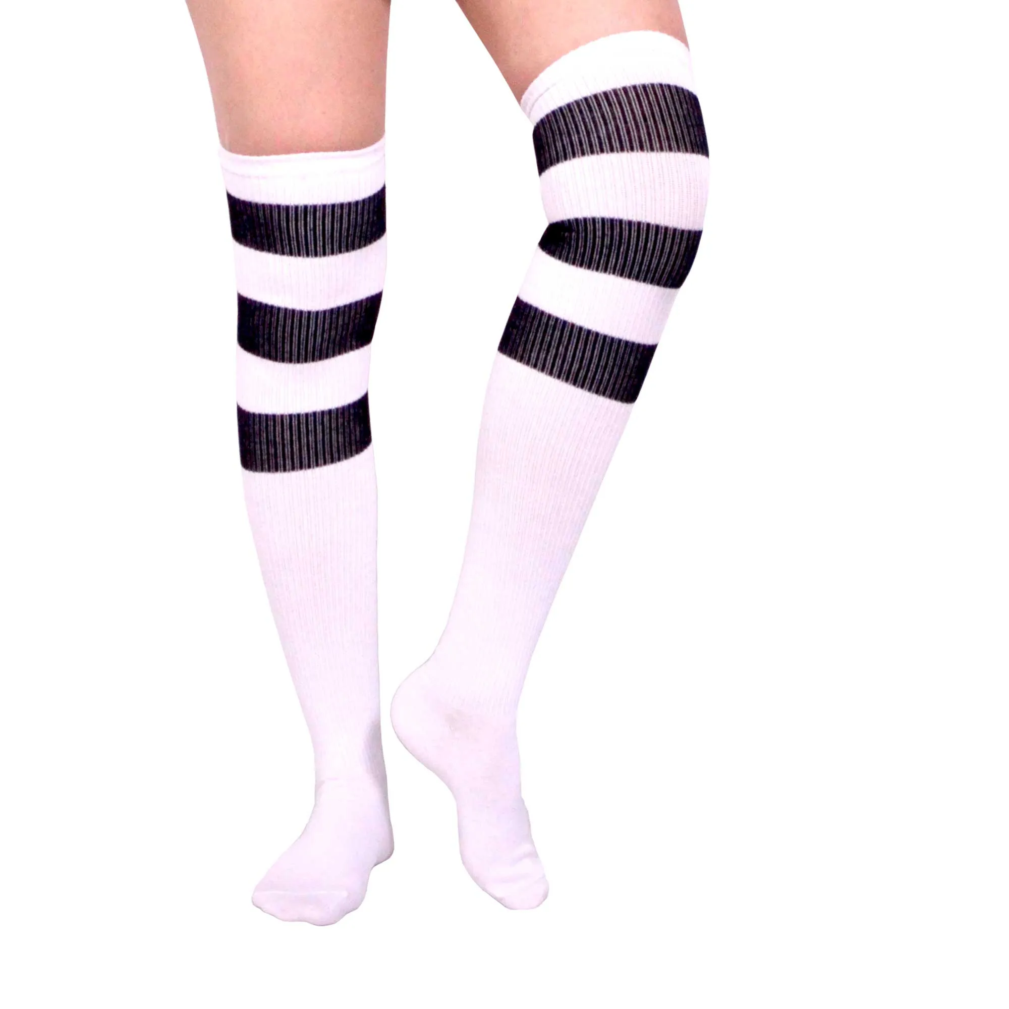 Over The Knee Ribbed Black Striped Socks