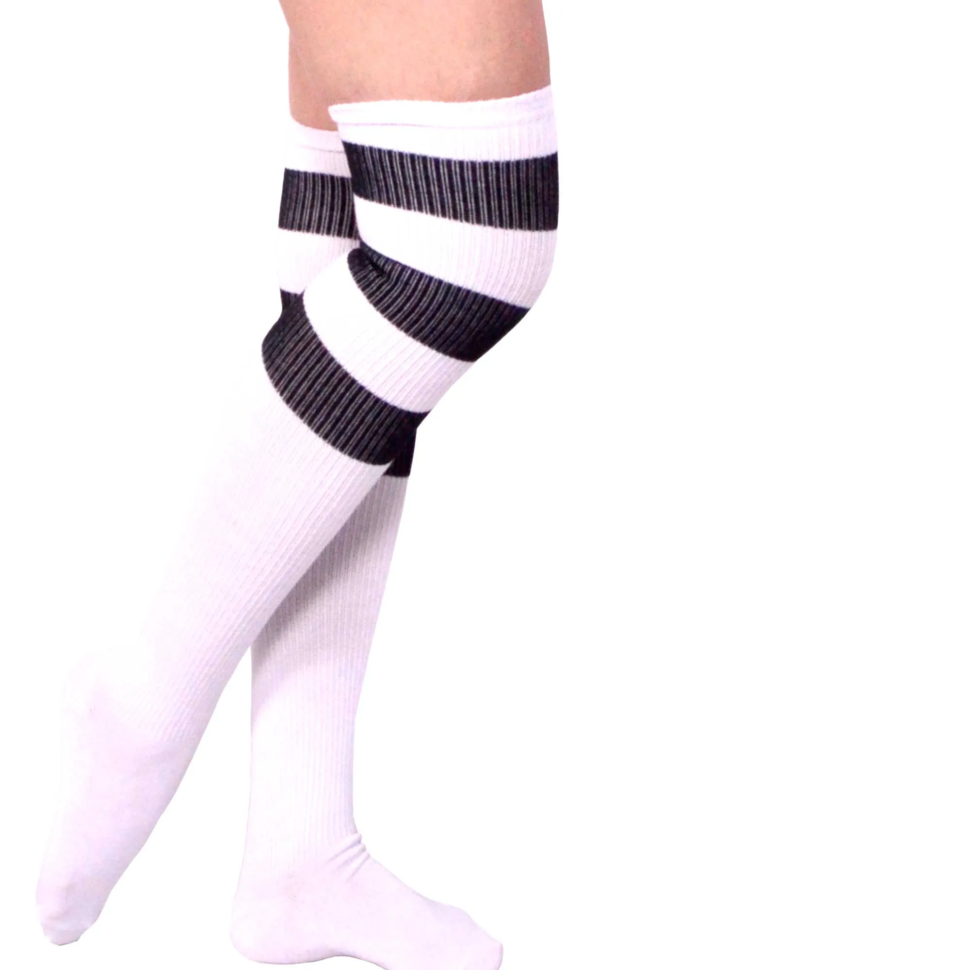 Over The Knee Ribbed Black Striped Socks