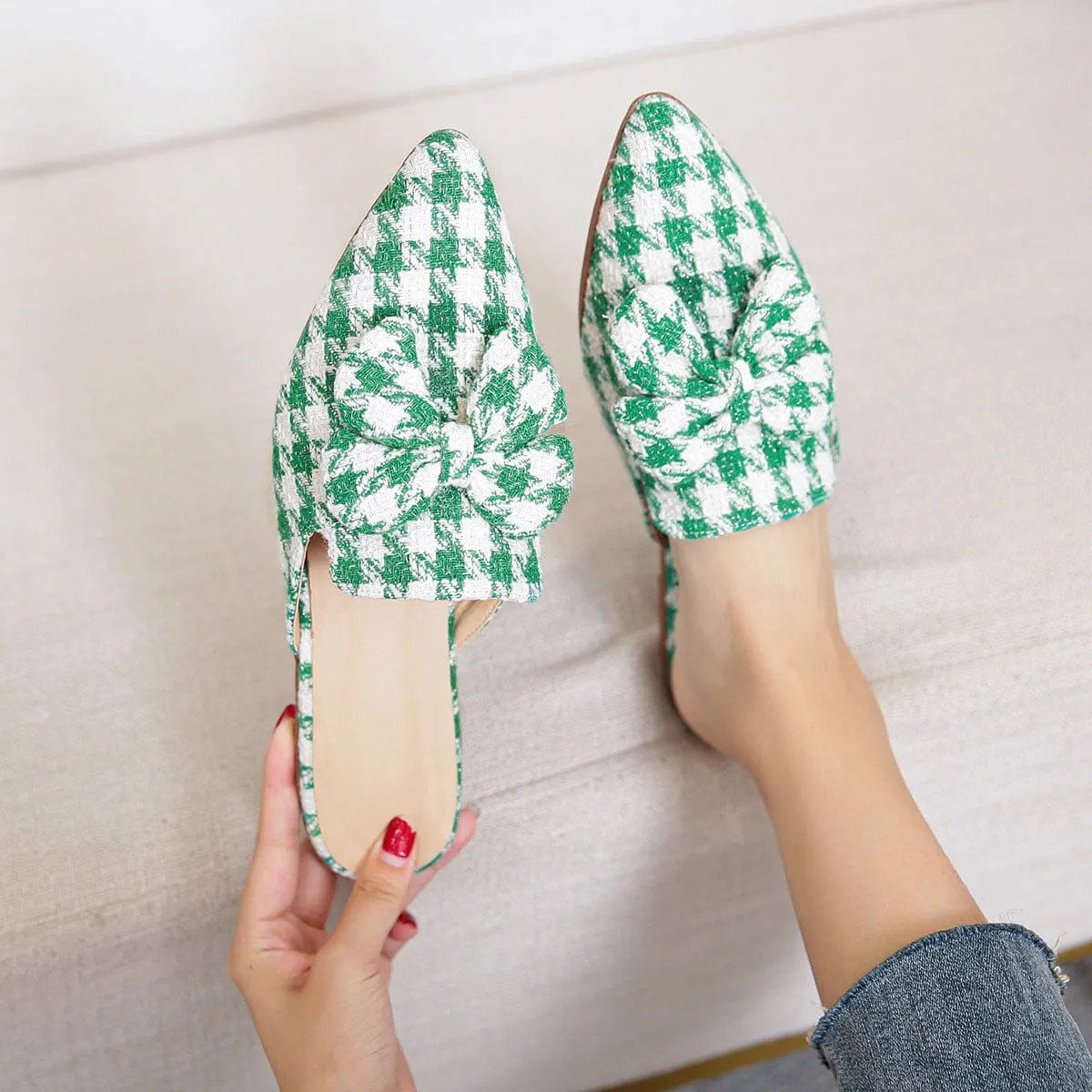 Pointed Bow checkerboard Mules