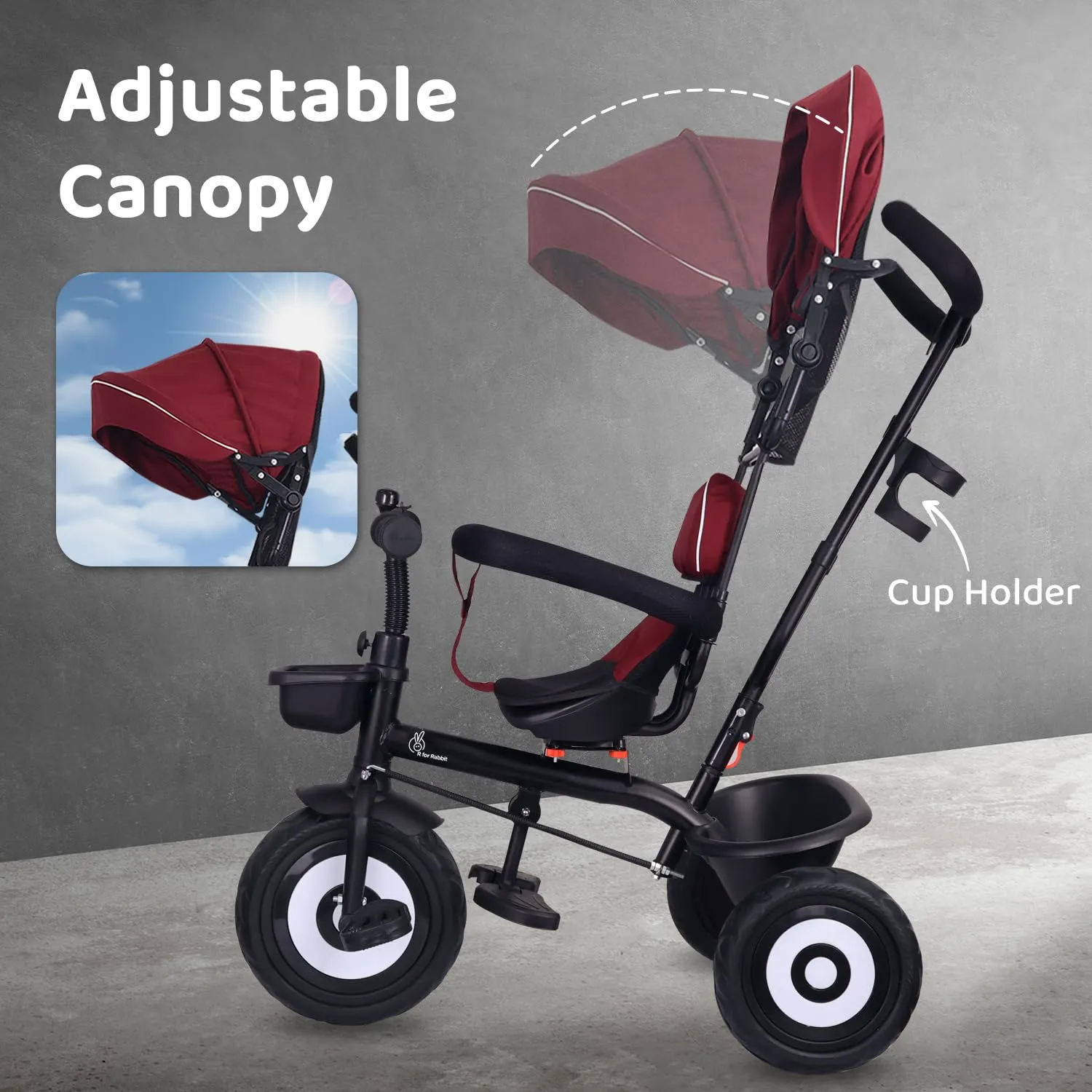 R for Rabbit Tiny Toes T40 Ace with EVA Wheels Kids/Baby Tricycle with 360° Rotatable Seat, Baby Cycle with Storage Basket, Tricycles for Kids for 1.5 to 5 Years with 6 Month Warranty (Maroon Black)