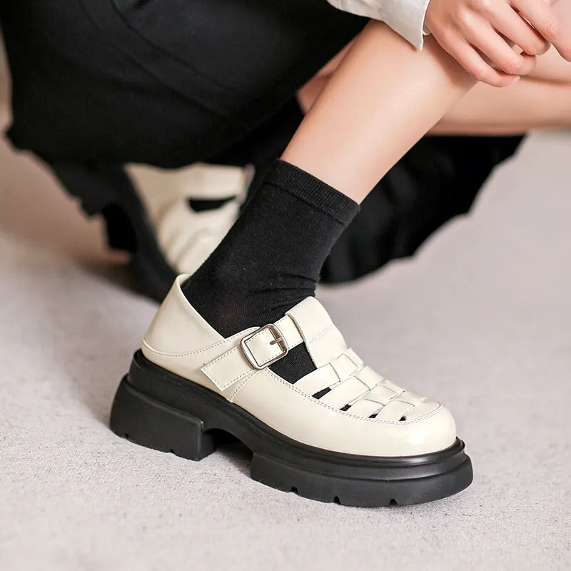 Retro Woven Leather Platform Mary Jane Shoes In Black/Beige