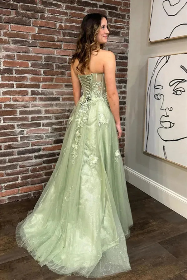 Sage Green Strapless Floral A-line Long Prom Dress with Slit PSK500