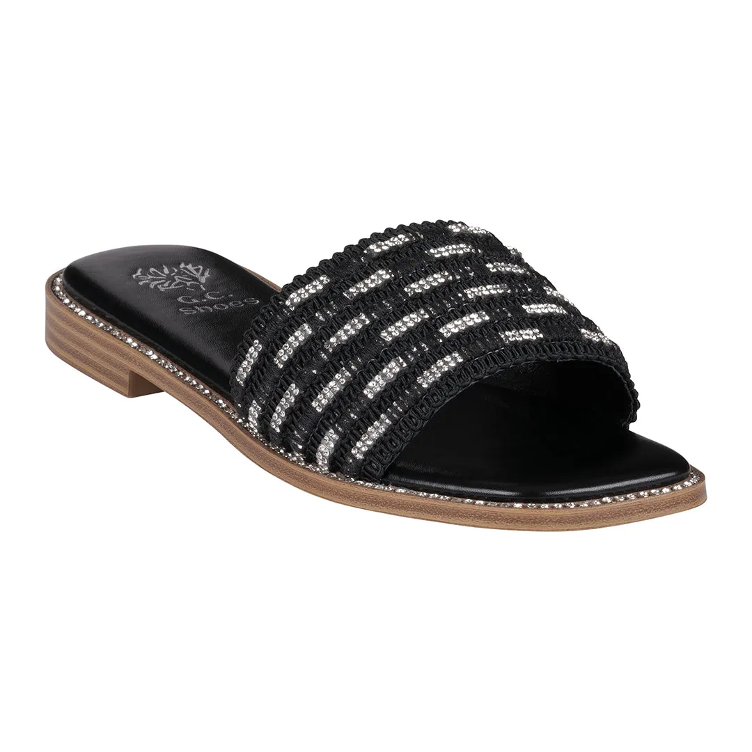 Shani Black Embellished Slide Flat Sandals