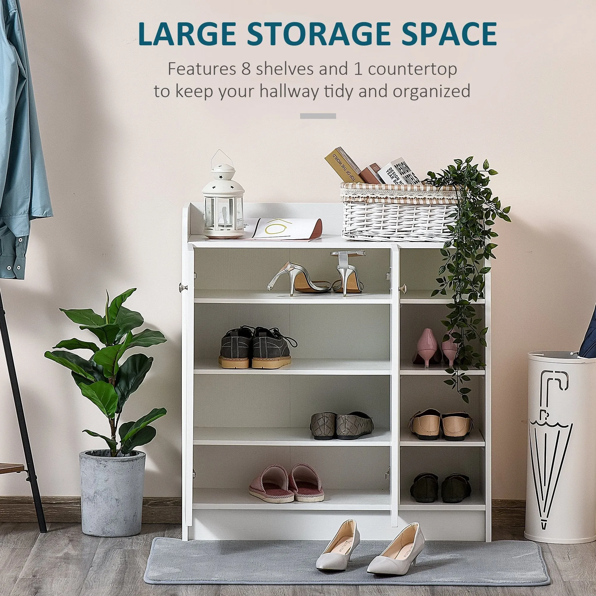 Shoe Storage Cabinet Home Hallway Furniture 2 Doors w/Adjustable 4 Shelves Cupboard Footwear Rack Stand Organiser White