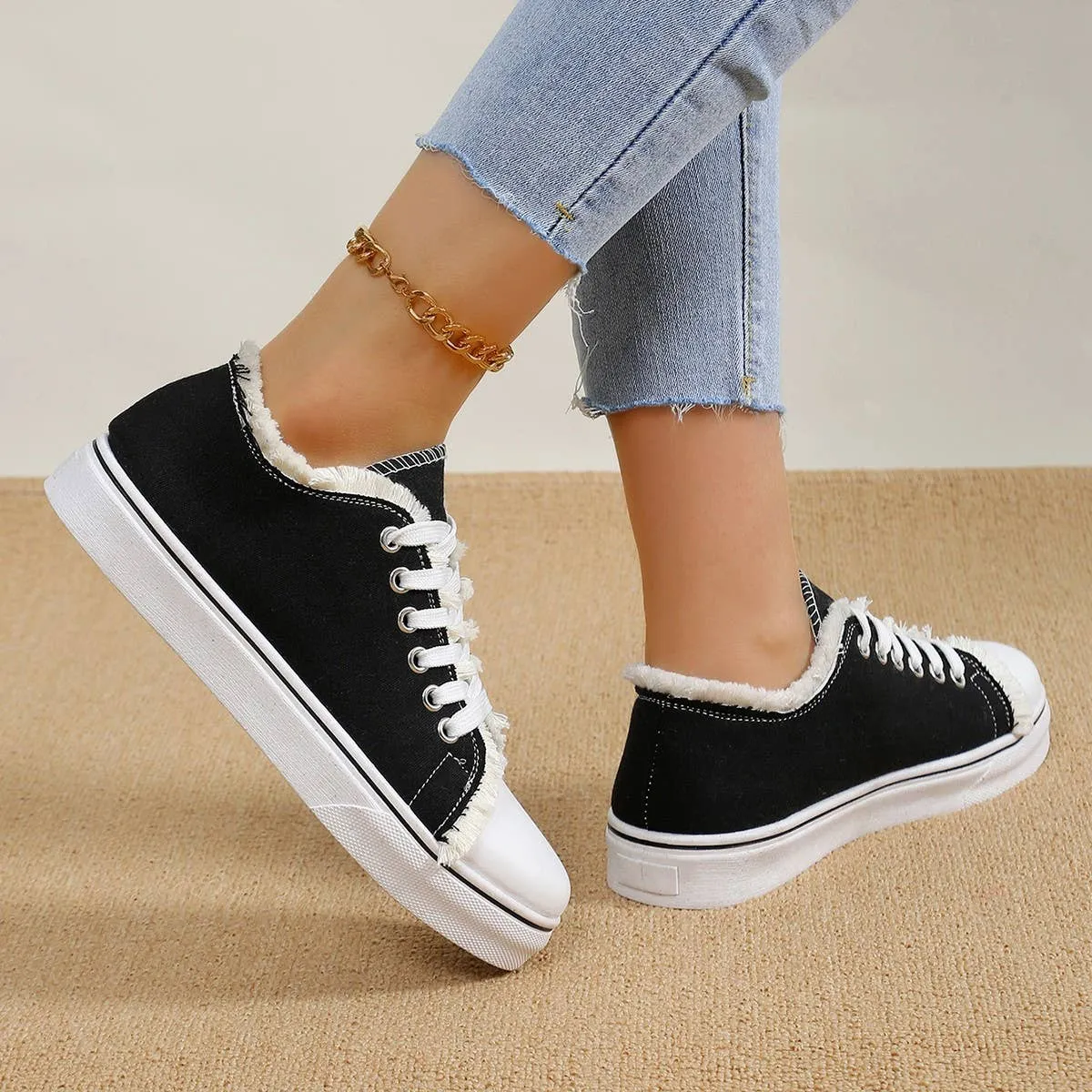 Solid Color Lace-up Canvas Flat Shoes