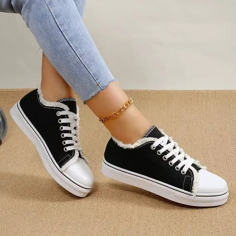 Solid Color Lace-up Canvas Flat Shoes