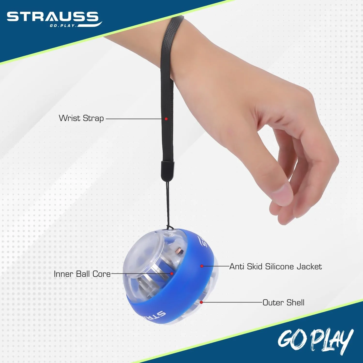 Strauss Wrist Gyro Ball|Ideal For Wrist Training, Strengthening Arms, Fingers, Wrist Bones and Muscle |Power Wrist Ball, Hand Enhancer, Exerciser,Self-Starting Wrist Trainer Ball with LED Light,(Blue)