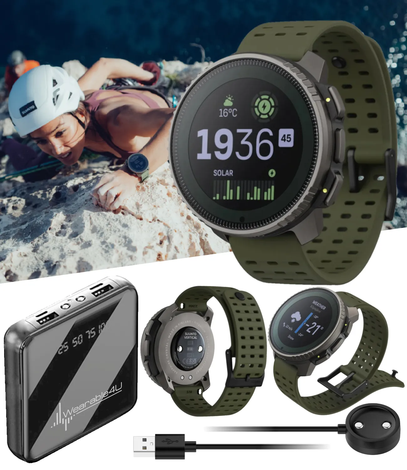 SUUNTO Vertical Adventure GPS Watch, Large Screen, Offline Maps, Solar Charging with Wearable4U Power Bank SQ Bundle