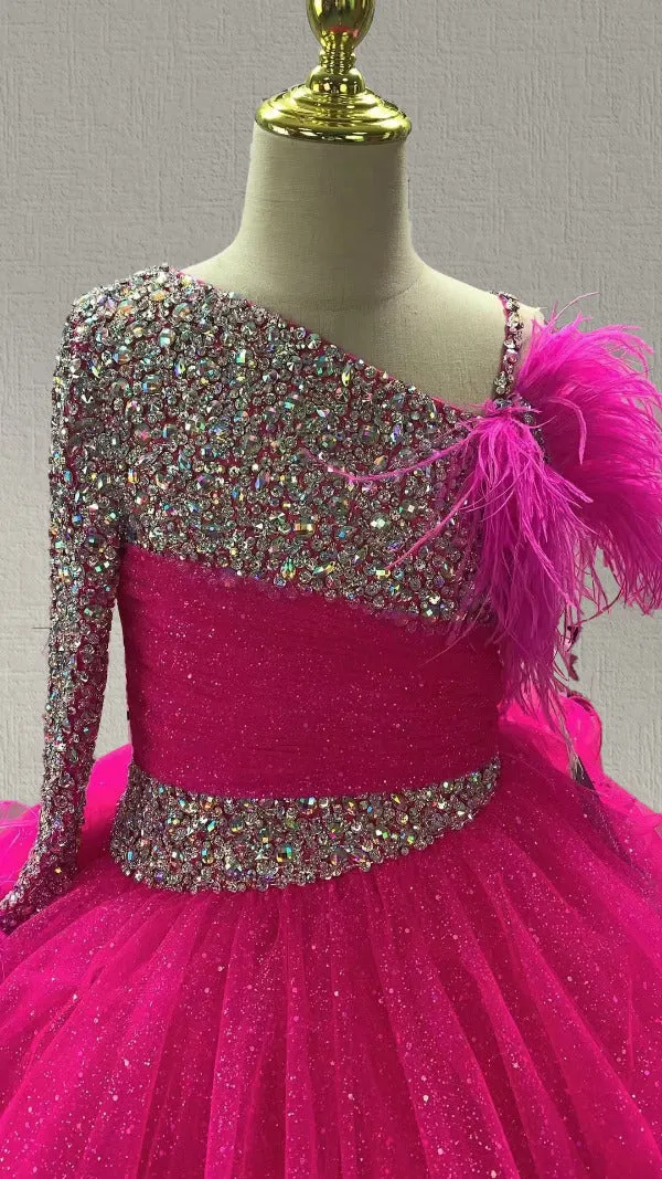 Teenages Hot Pink Long Sleeve Evening Dress with Feather