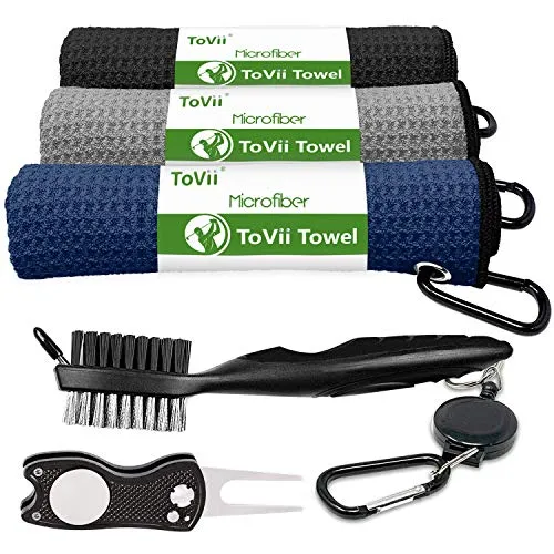 ToVii Golf Towel Microfiber Waffle Pattern Golf Towel | Brush Tool Kit with Club Groove Cleaner | Golf Divot Tool | Golf Accessories for Men