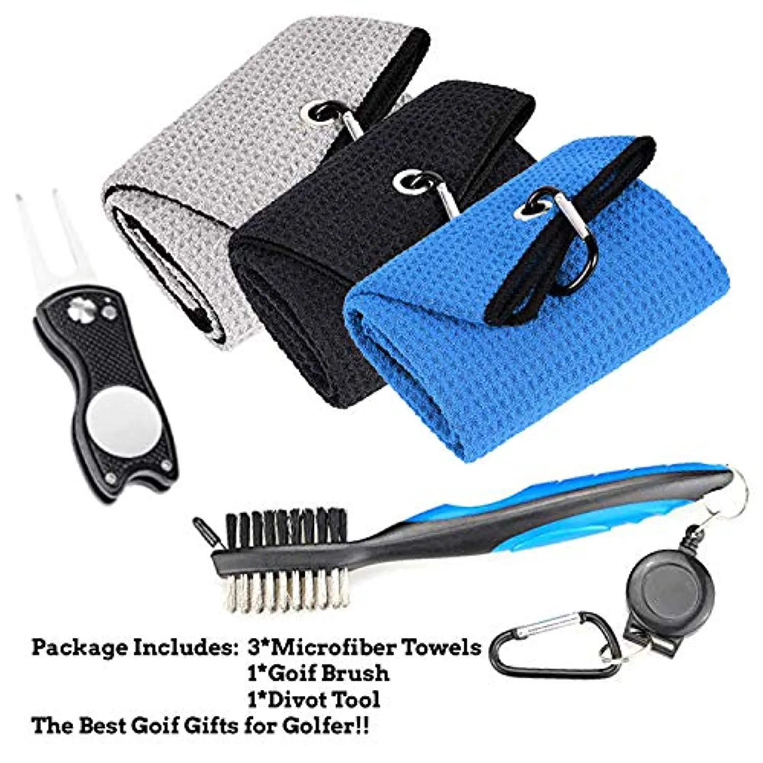 ToVii Golf Towel Microfiber Waffle Pattern Golf Towel | Brush Tool Kit with Club Groove Cleaner | Golf Divot Tool | Golf Accessories for Men