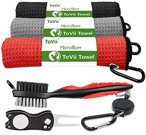 ToVii Golf Towel Microfiber Waffle Pattern Golf Towel | Brush Tool Kit with Club Groove Cleaner | Golf Divot Tool | Golf Accessories for Men