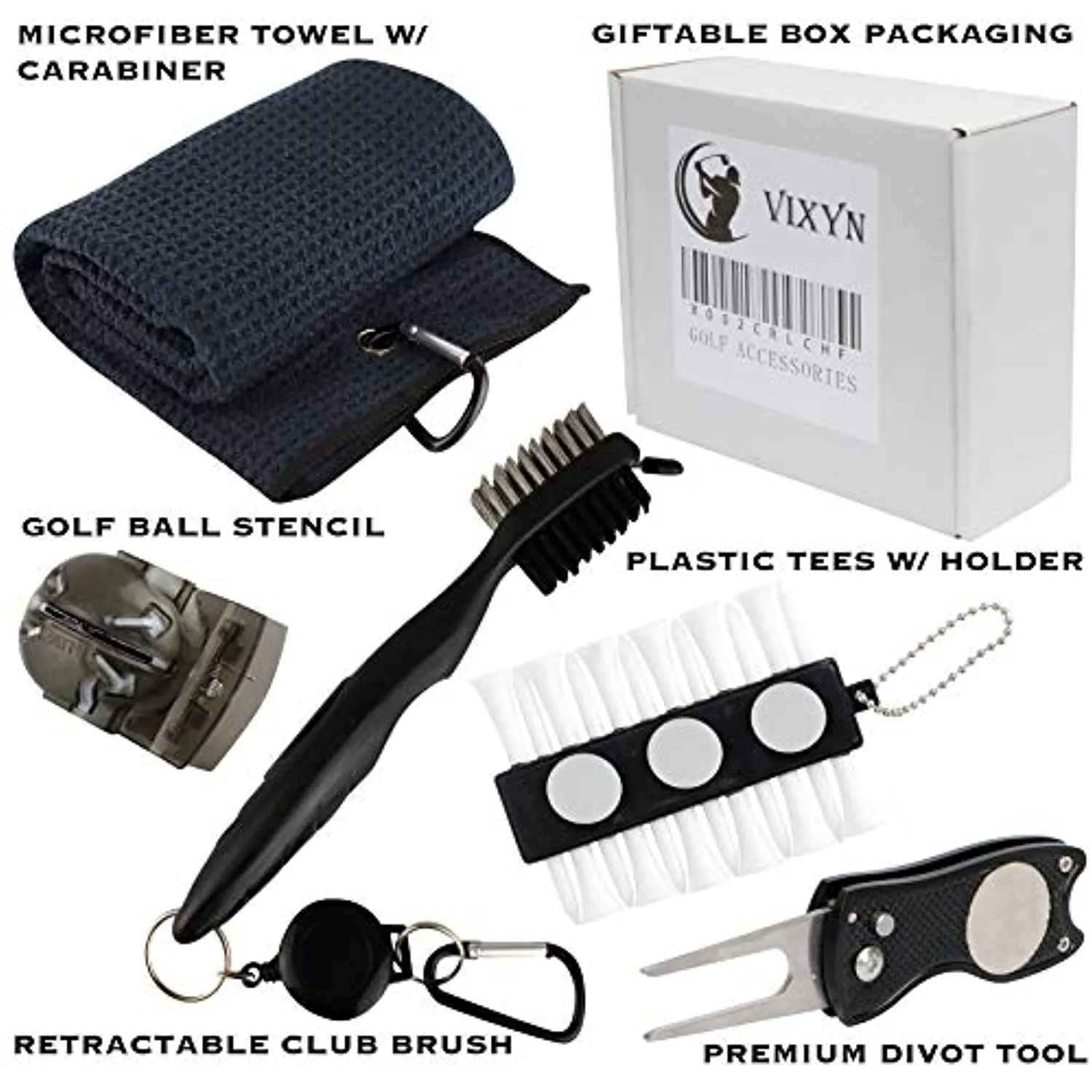 VIXYN Golf Accessories Gift Set - Golf Towel, Golf Club Brush with Groove Cleaner, Foldable Divot Repair Tool with Ball Marker, Golf Ball Marker and Golf Tee Holder - Golf Club Cleaning Kit