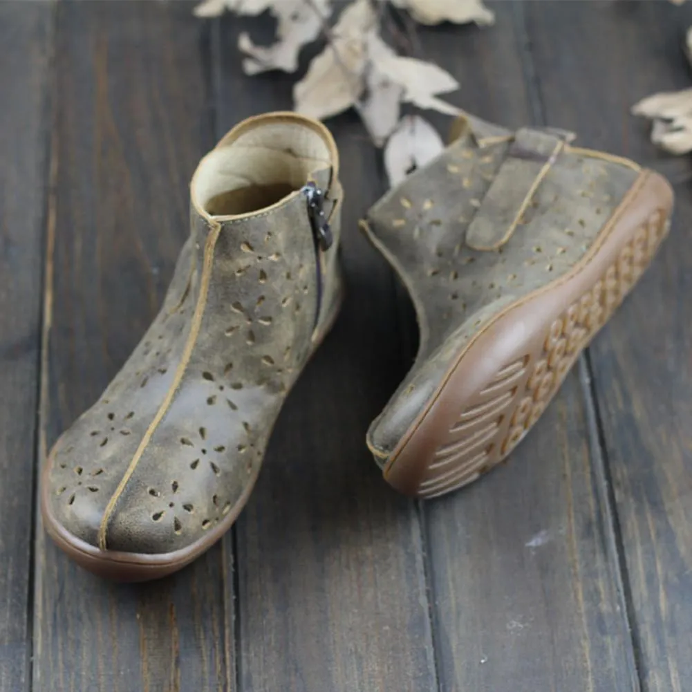 Women Barefoot Ankle Boots Leather Handmade Hollow Mori Girl Shoes Flats Grey