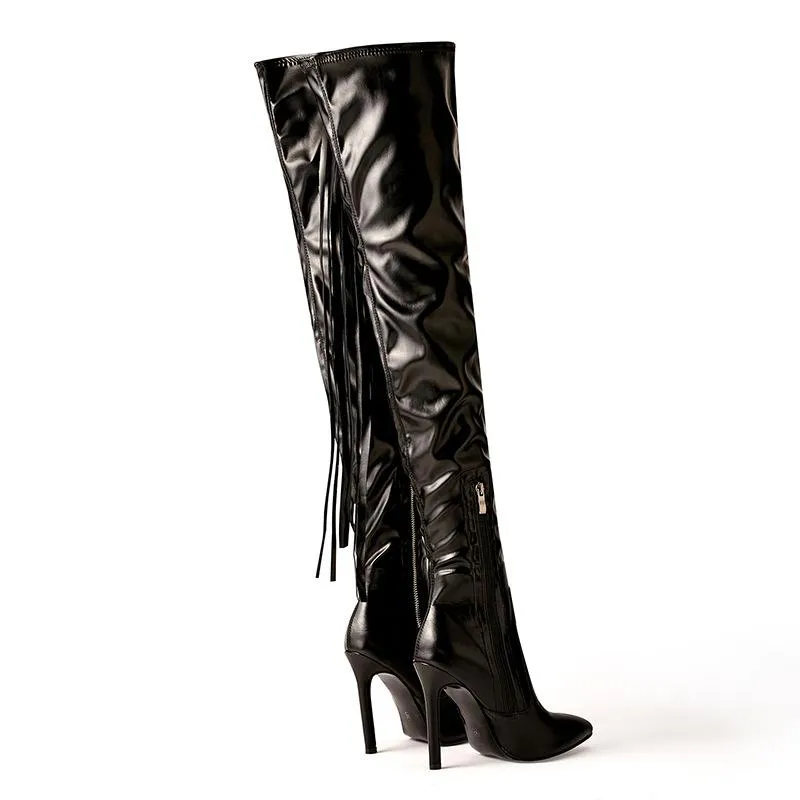 Women side zipper fringed pointed toe stiletto over the knee boots