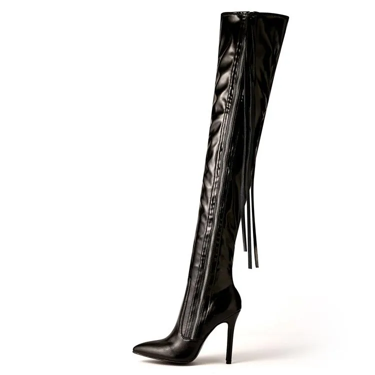 Women side zipper fringed pointed toe stiletto over the knee boots