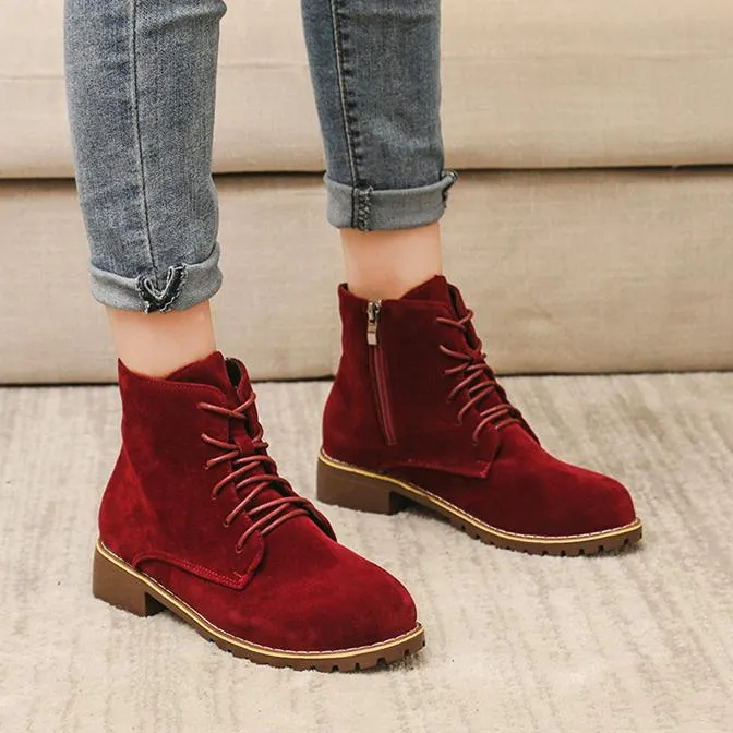 Women square chunky heel lace up ankle motorcycle boots