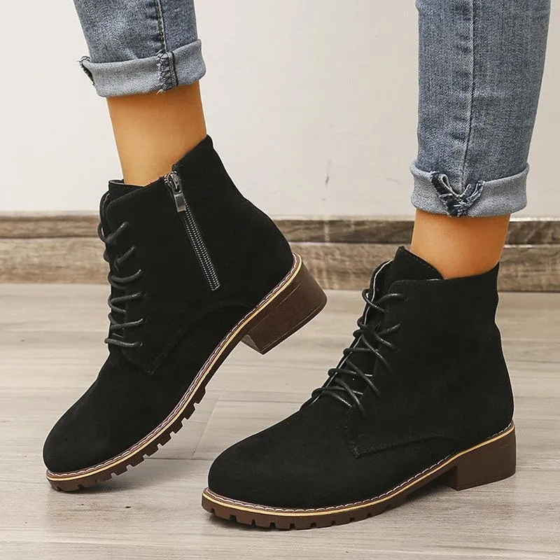 Women square chunky heel lace up ankle motorcycle boots