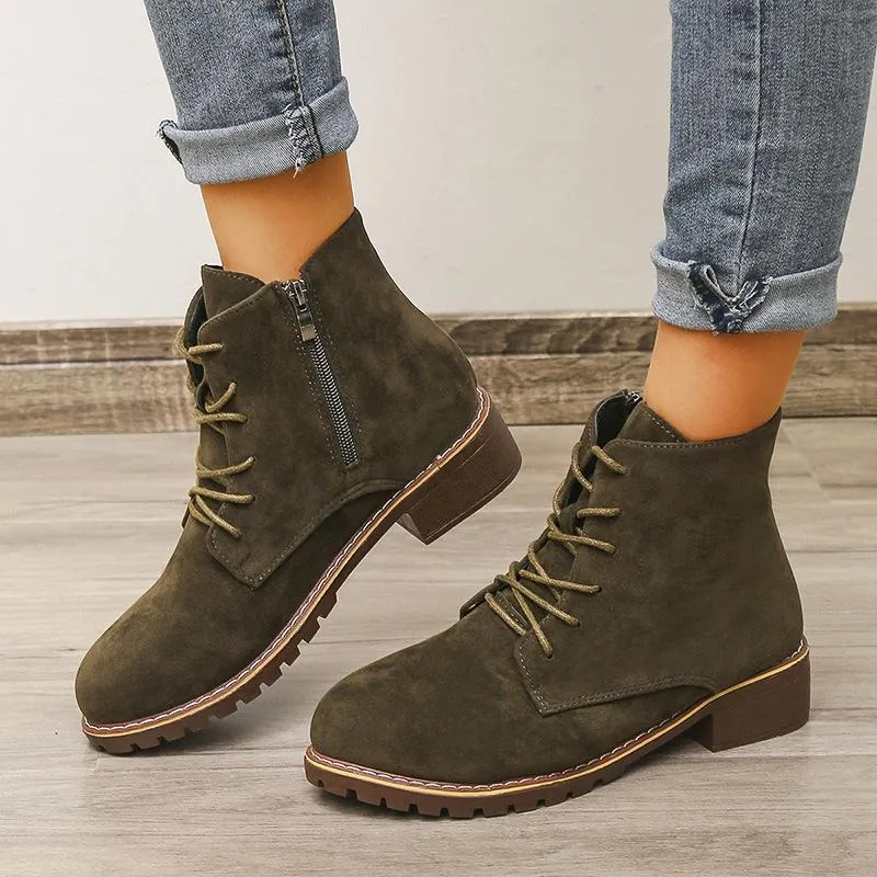 Women square chunky heel lace up ankle motorcycle boots