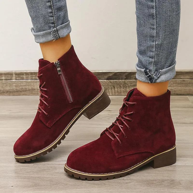 Women square chunky heel lace up ankle motorcycle boots