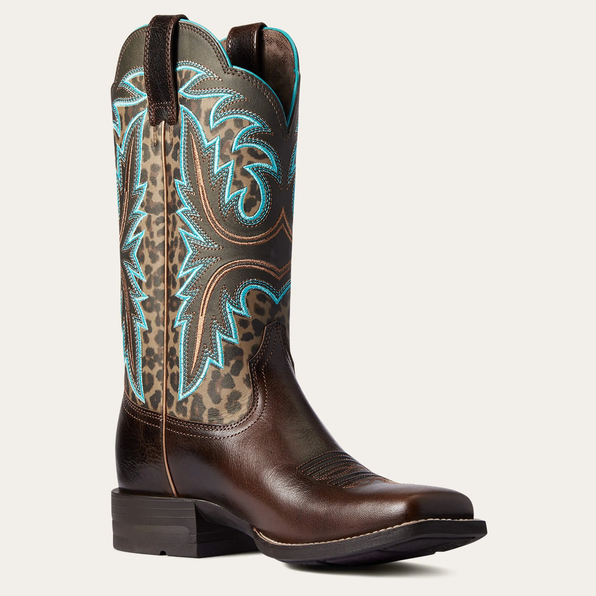 Women's Ariat Chocolate Lonestar Broad Square Toe Western Boots with Leopard Print Tops