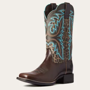 Women's Ariat Chocolate Lonestar Broad Square Toe Western Boots with Leopard Print Tops