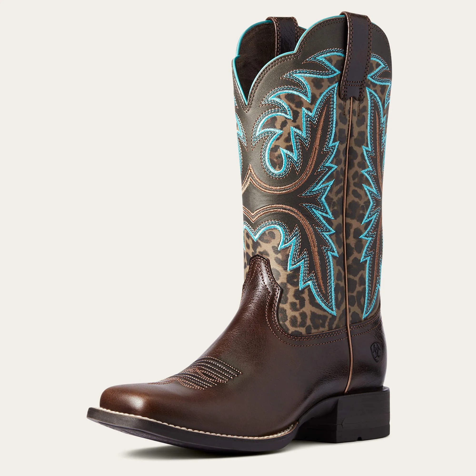 Women's Ariat Chocolate Lonestar Broad Square Toe Western Boots with Leopard Print Tops