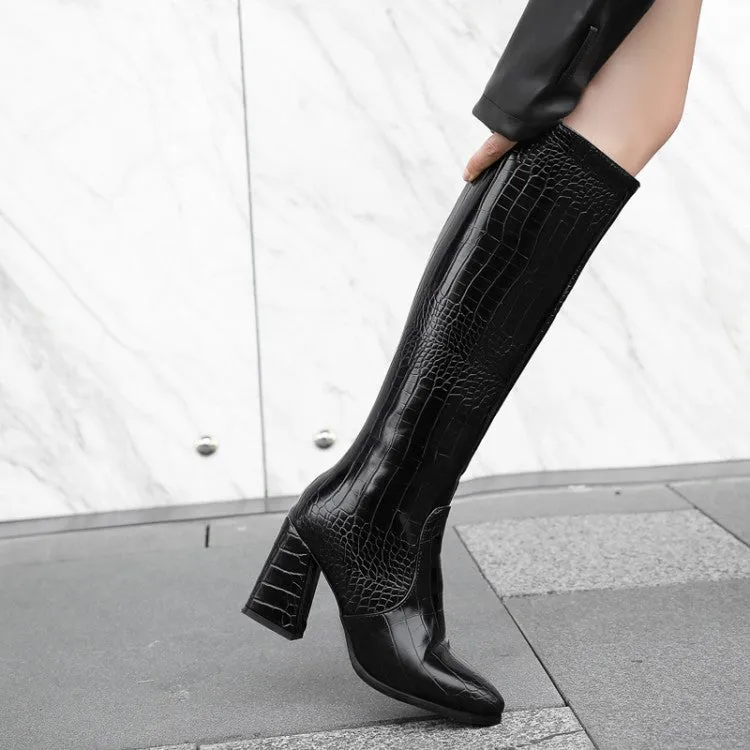 Women's Crocodile Pattern Pu Leather Pointed Toe Side Zippers Block Chunky Heel Knee High Boots