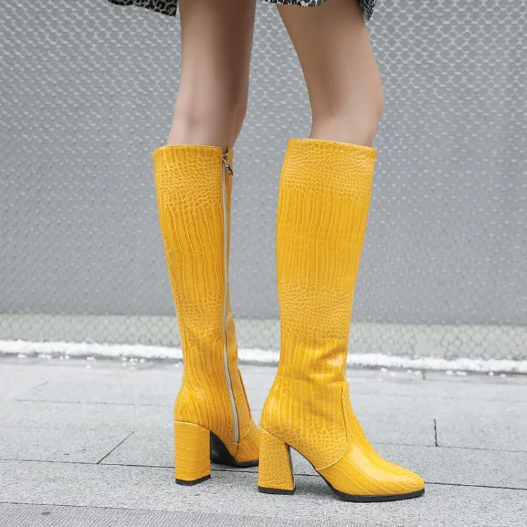 Women's Crocodile Pattern Pu Leather Pointed Toe Side Zippers Block Chunky Heel Knee High Boots