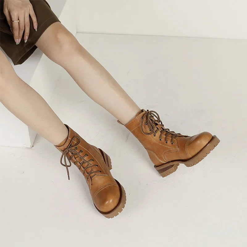 Women's Handmade High Lace-up Boot All Genuine Leather in Light Tan/Dark Brown