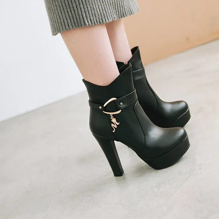 Women's Pu Leather Almond Toe Buckle Straps Block Chunky Heel Side Zippers Platform Short Boots