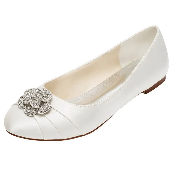 Women's Satin Flat Heel Closed Toe Flats Shoes with Beading,High Quality Wedding Shoes, L-573