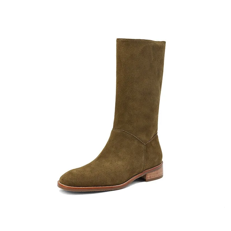 Womens Suede Leather Mid Calf Boots In Green/Black/Brown