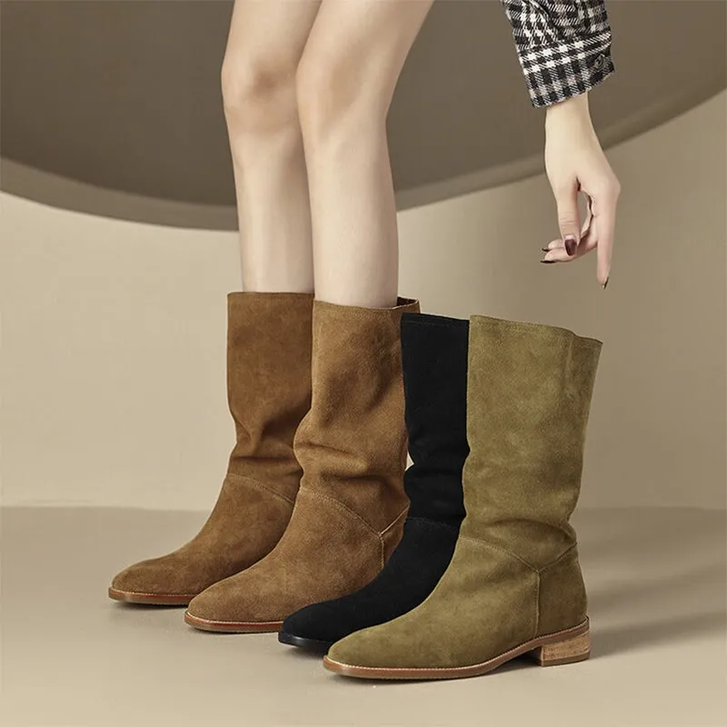 Womens Suede Leather Mid Calf Boots In Green/Black/Brown