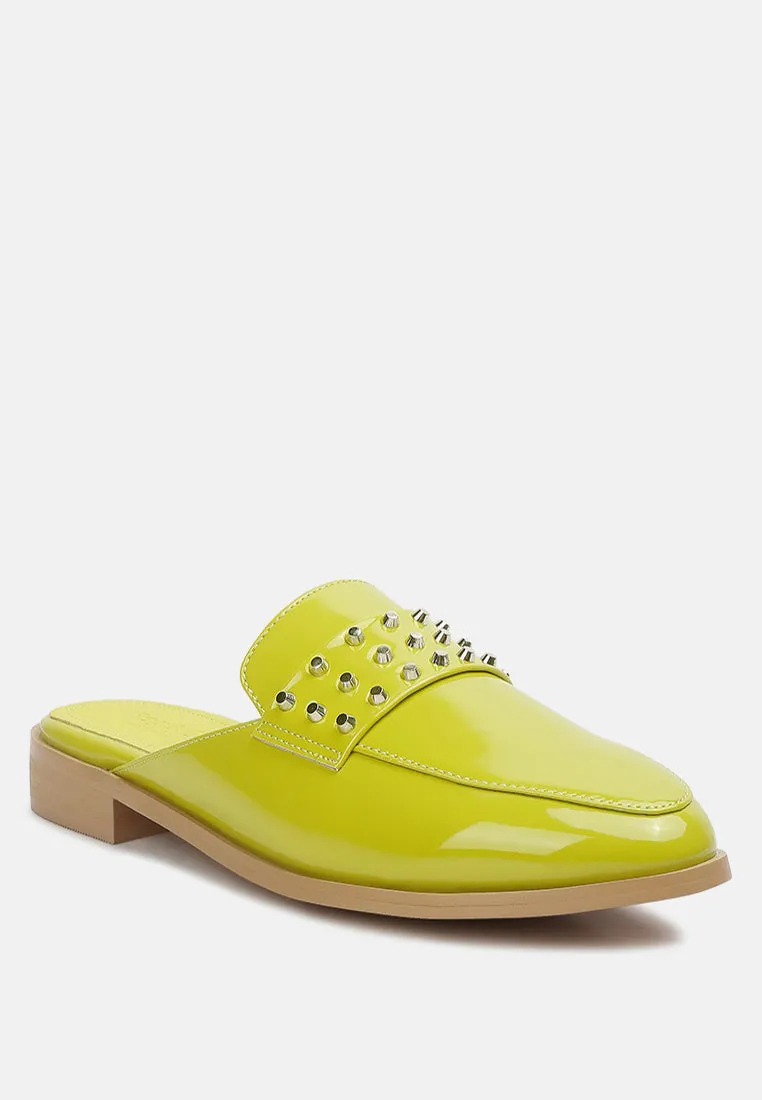 YASHTA Lime Green Patent Studded Flat Mules