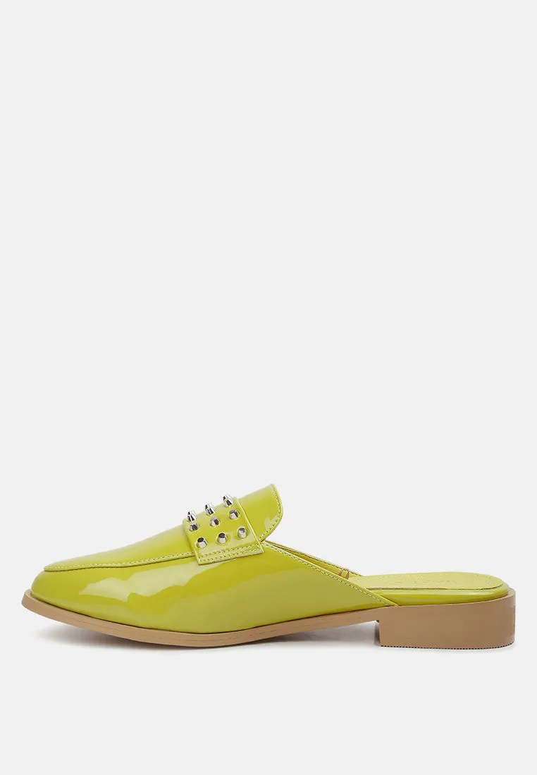 YASHTA Lime Green Patent Studded Flat Mules