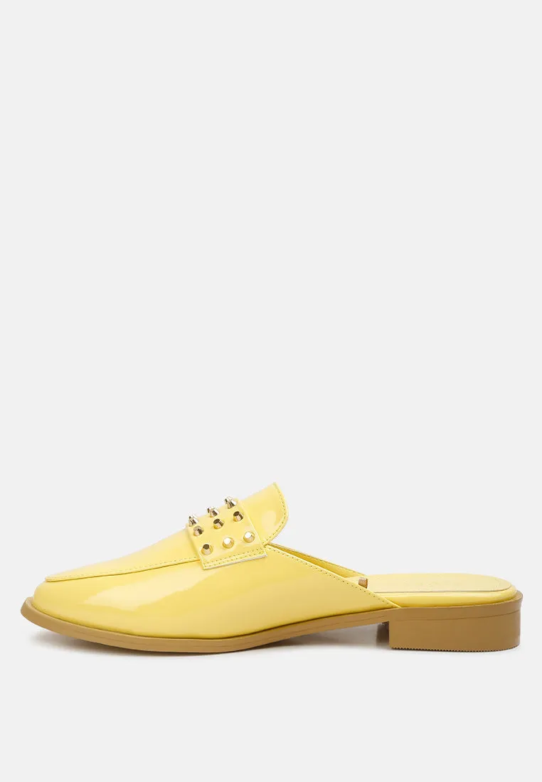 YASHTA Yellow Patent Studded Flat Mules