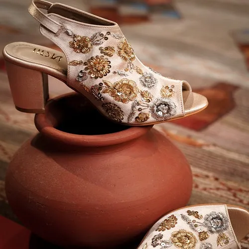 Zahara (hand embroidered, Gold blocks heels)